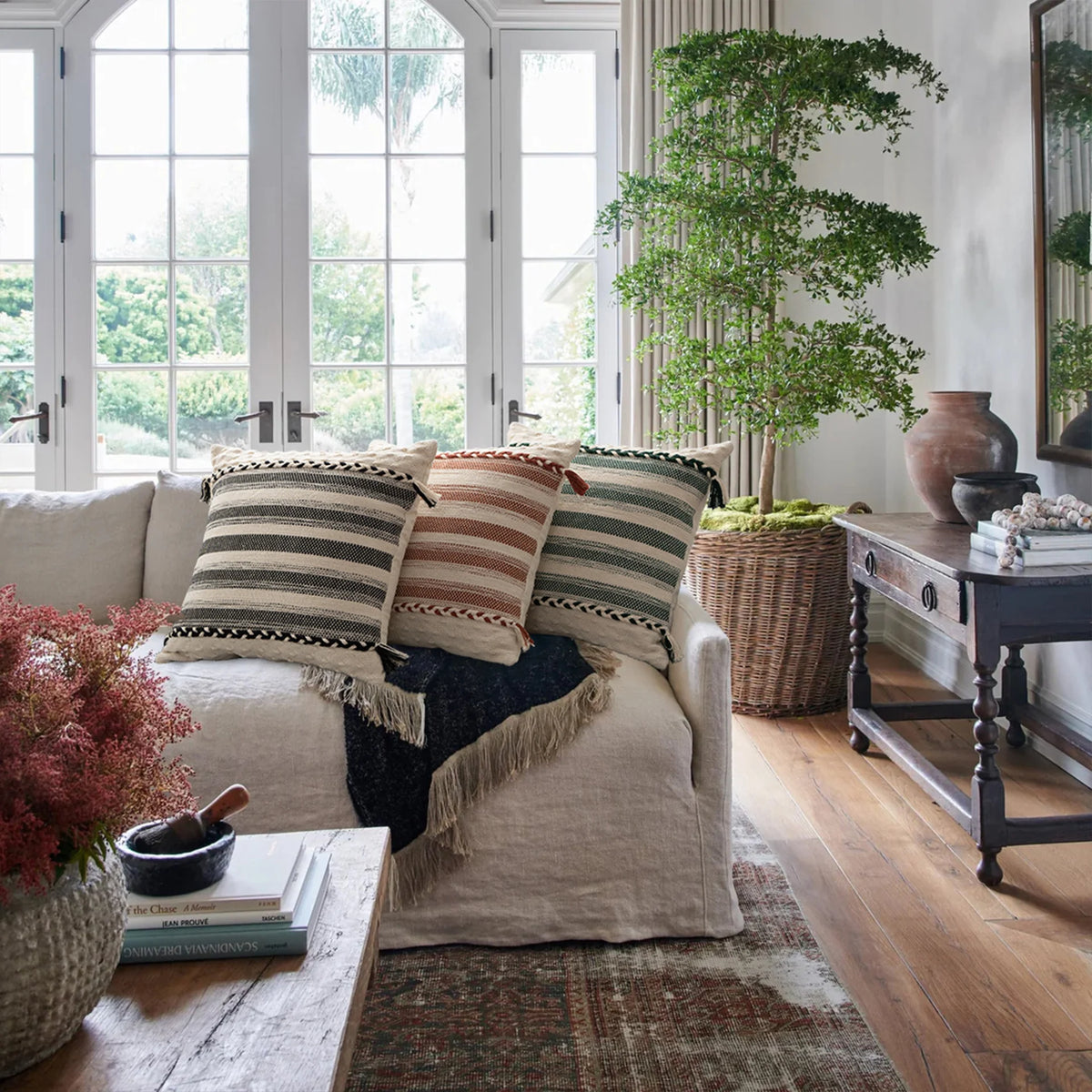 Rectangular Lumbar Pillow Woven Texture Braided Bands & Tassels