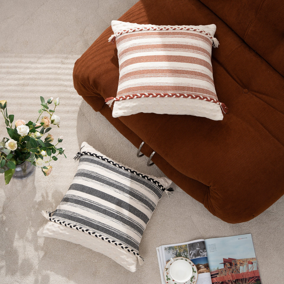 Rectangular Lumbar Pillow Woven Texture Braided Bands & Tassels