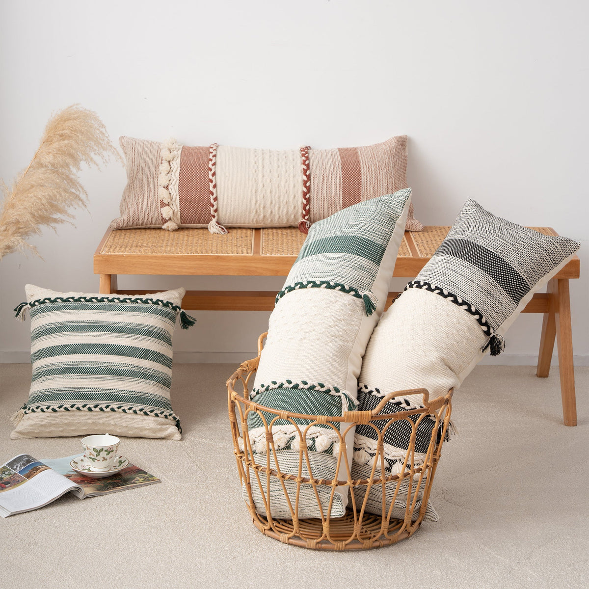Rectangular Lumbar Pillow Woven Texture Braided Bands & Tassels