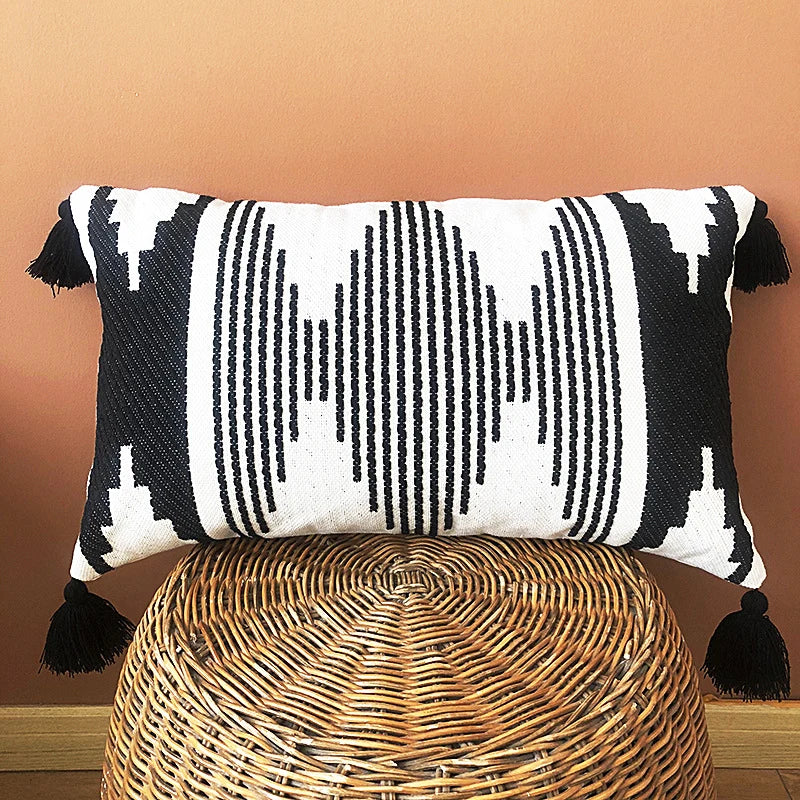 Rectangular Pillow Cover Ethnic Jacquard Tassels Concealed Zipper
