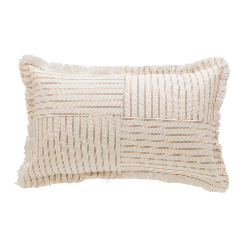 Rectangular Throw Pillow Striped Patchwork Fringed Edge