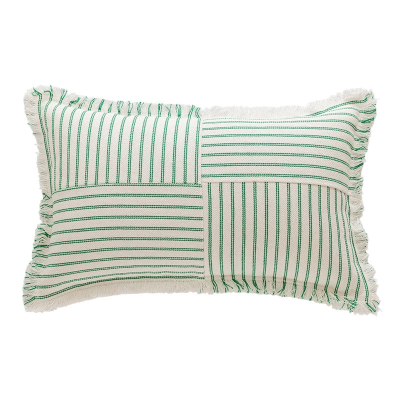 Rectangular Throw Pillow Striped Patchwork Fringed Edge