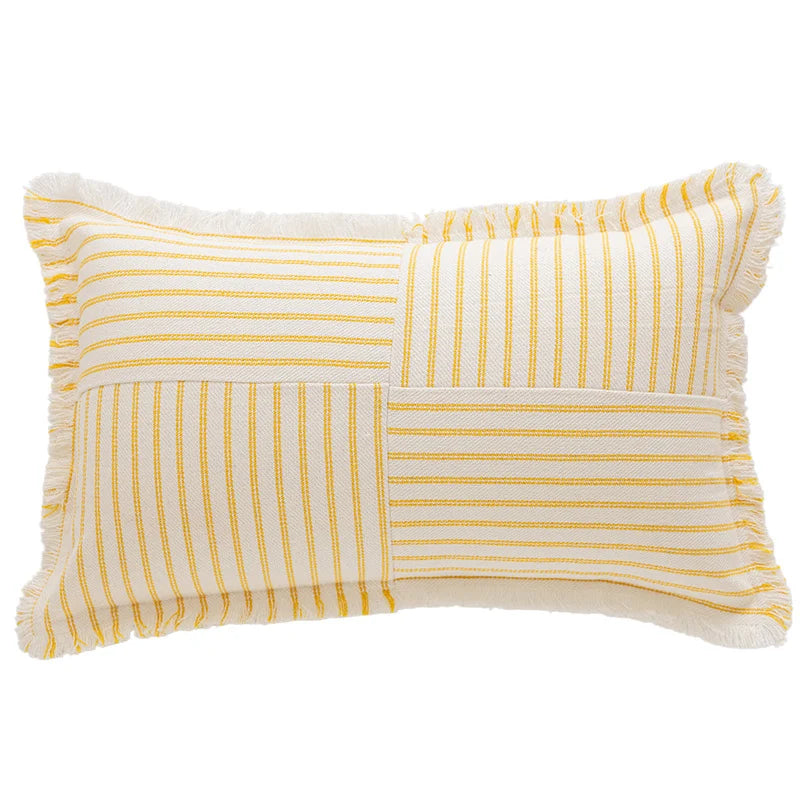 Rectangular Throw Pillow Striped Patchwork Fringed Edge