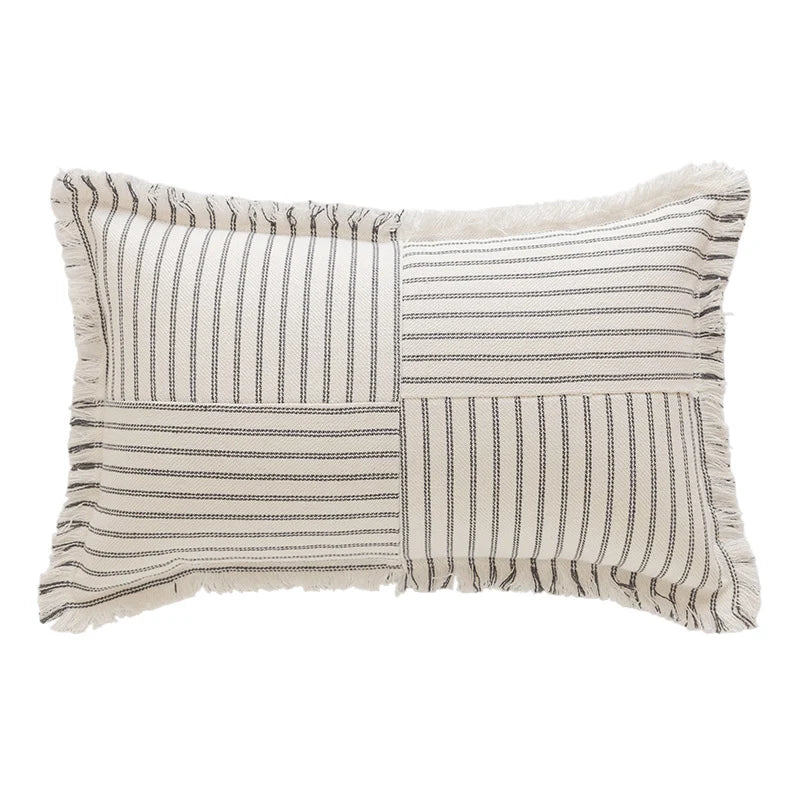 Rectangular Throw Pillow Striped Patchwork Fringed Edge