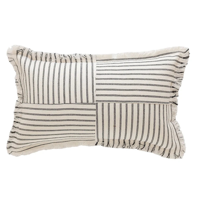 Rectangular Throw Pillow Striped Patchwork Fringed Edge