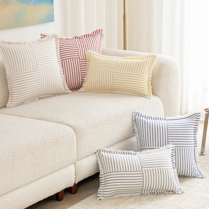 Rectangular Throw Pillow Striped Patchwork Fringed Edge