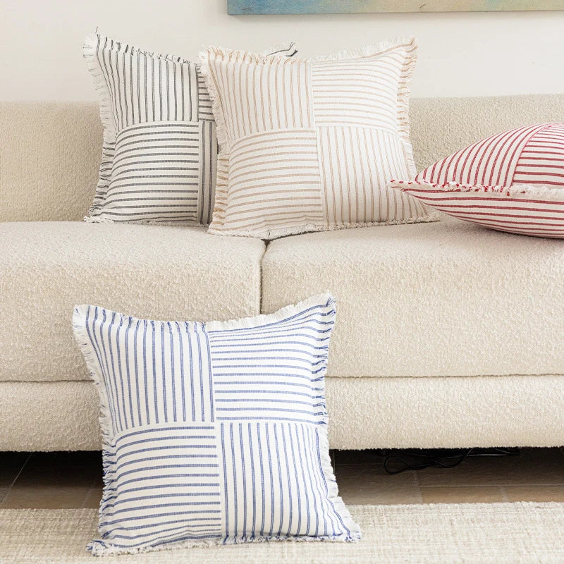 Rectangular Throw Pillow Striped Patchwork Fringed Edge