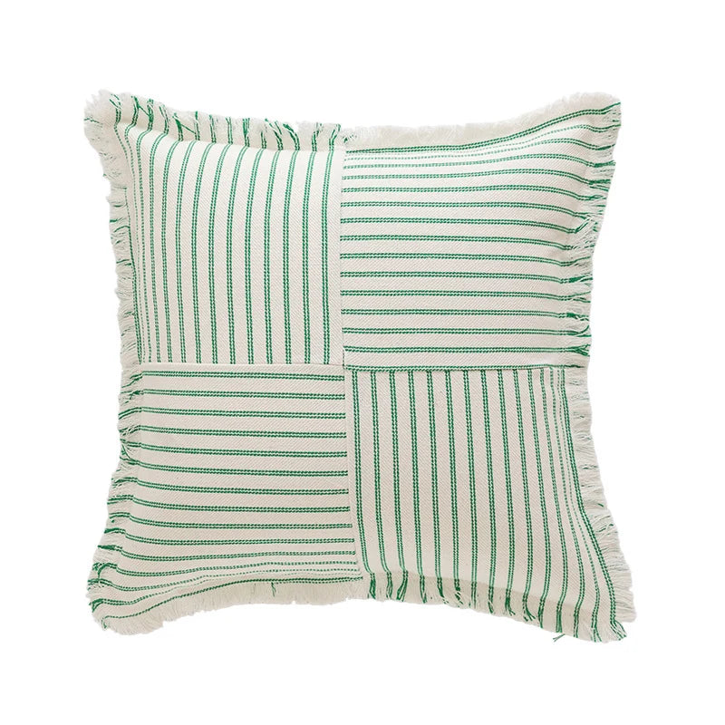 Rectangular Throw Pillow Striped Patchwork Fringed Edge
