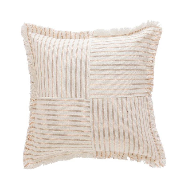 Rectangular Throw Pillow Striped Patchwork Fringed Edge