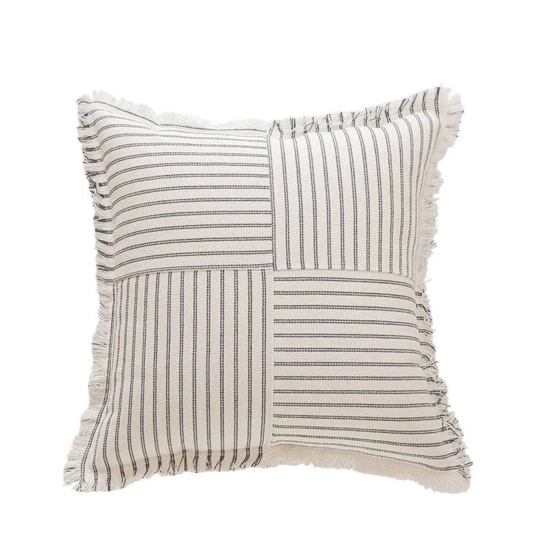 Rectangular Throw Pillow Striped Patchwork Fringed Edge
