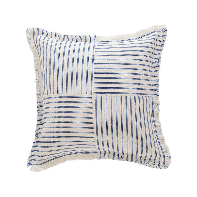 Rectangular Throw Pillow Striped Patchwork Fringed Edge