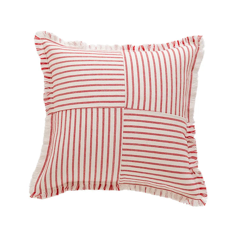 Rectangular Throw Pillow Striped Patchwork Fringed Edge