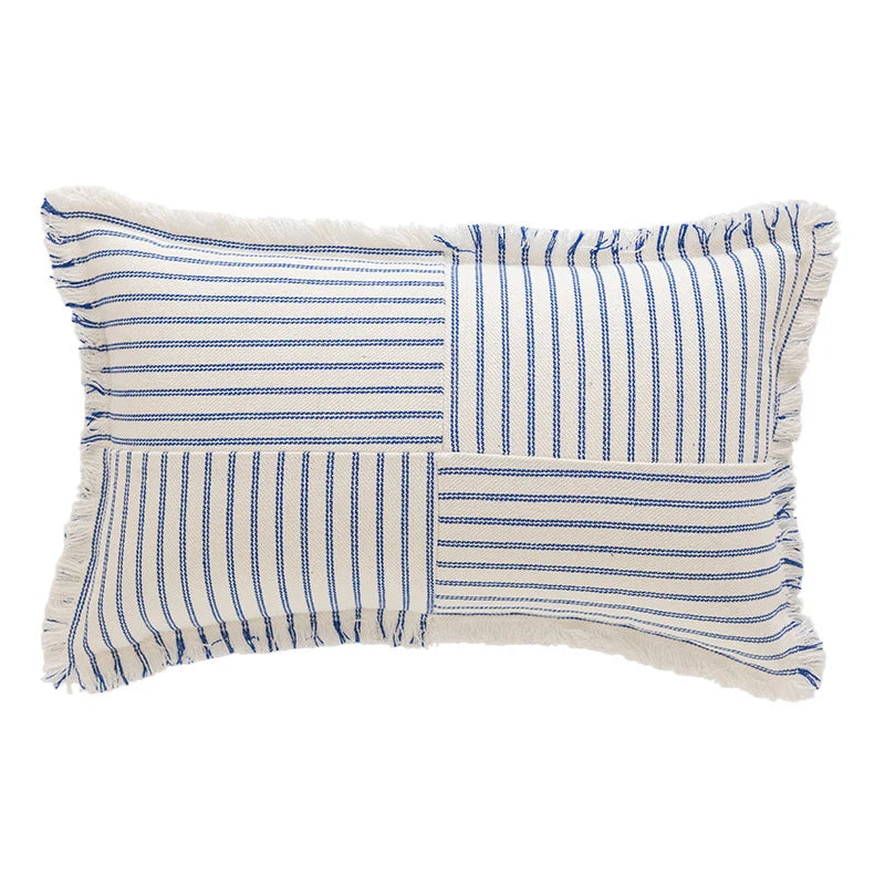 Rectangular Throw Pillow Striped Patchwork Fringed Edge
