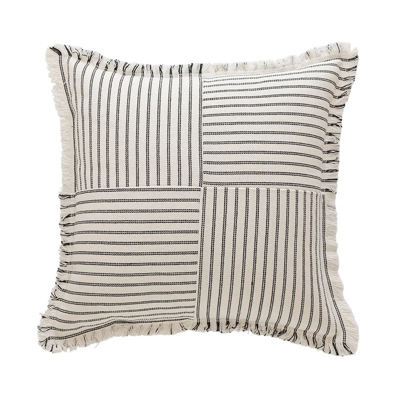 Rectangular Throw Pillow Striped Patchwork Fringed Edge