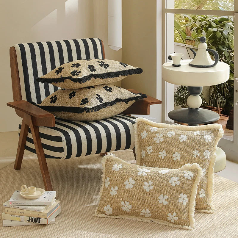 Rectangular Throw Pillow Woven Floral Tuft & Fringe Trim