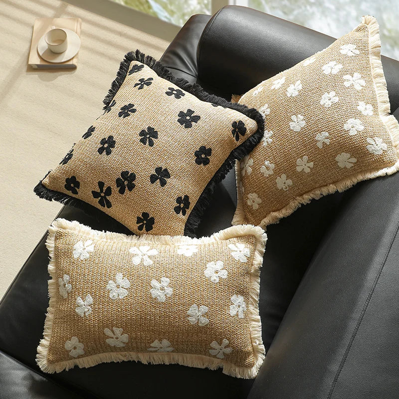 Rectangular Throw Pillow Woven Floral Tuft & Fringe Trim