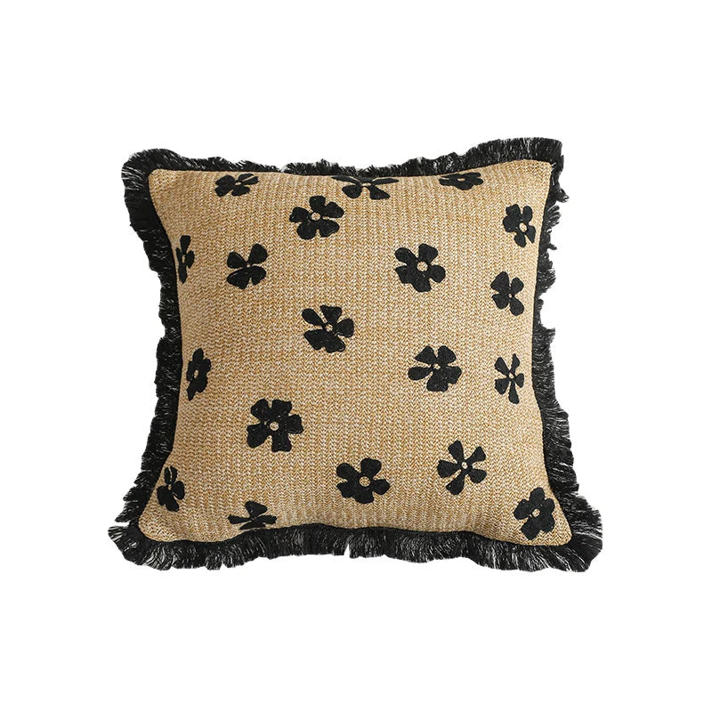 Rectangular Throw Pillow Woven Floral Tuft & Fringe Trim