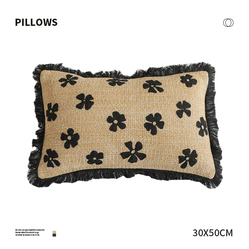 Rectangular Throw Pillow Woven Floral Tuft & Fringe Trim