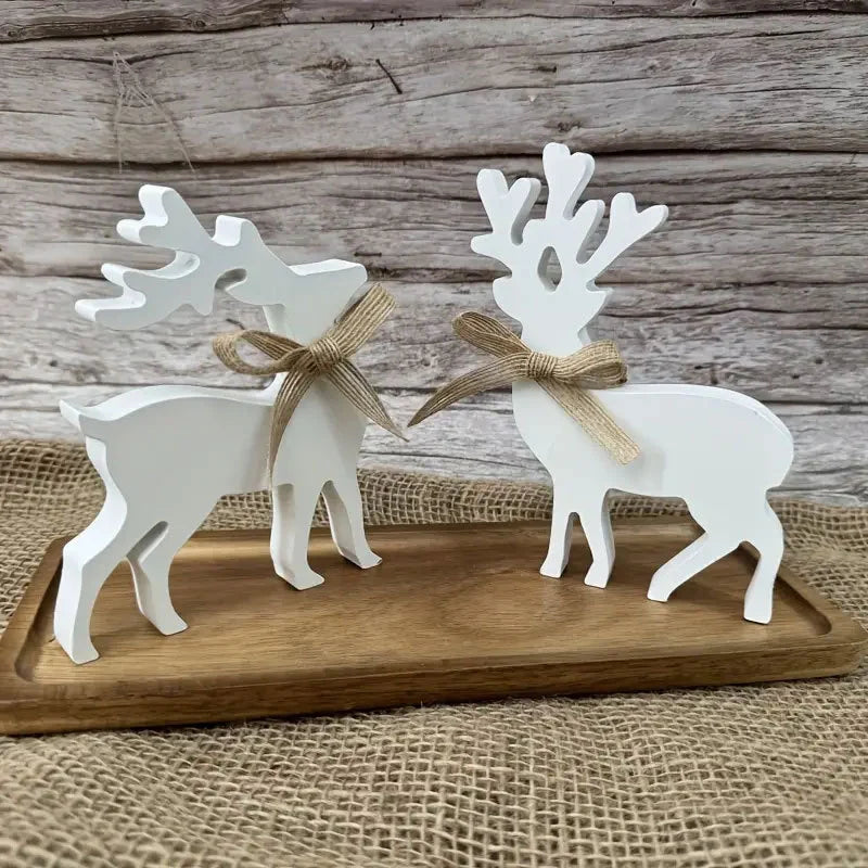 Reindeer Figurines Carved Wood Mantel & Tabletop Decor