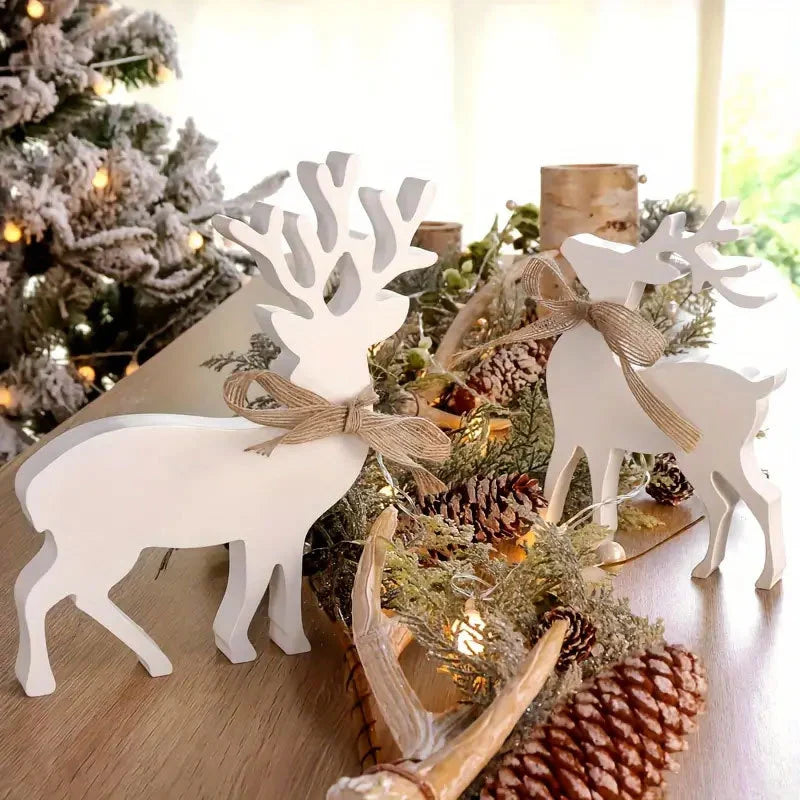 Reindeer Figurines Handcrafted Wood Mantel & Tabletop Decor