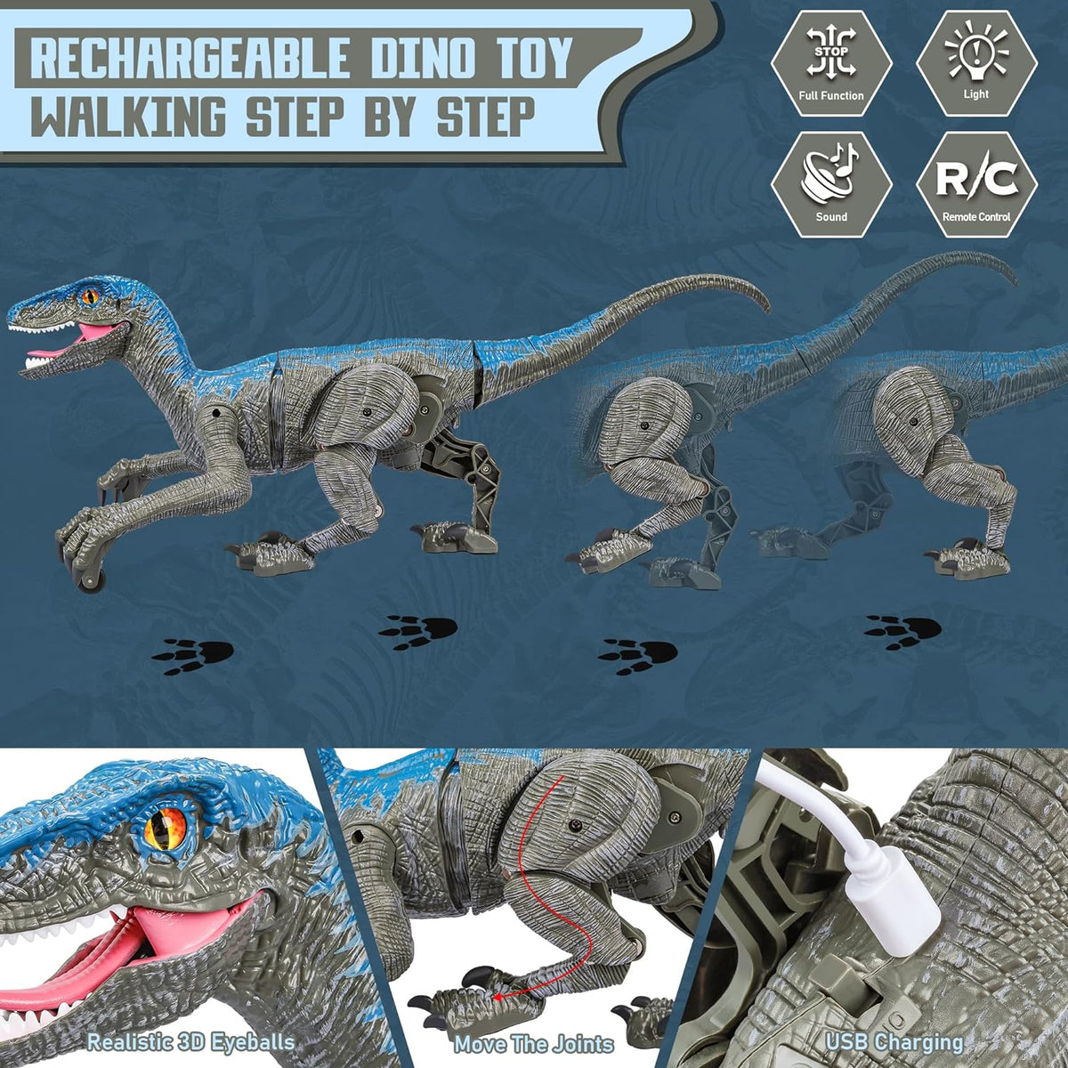 Remote Control Dinosaur Lifelike Movement & Sounds USB Charging