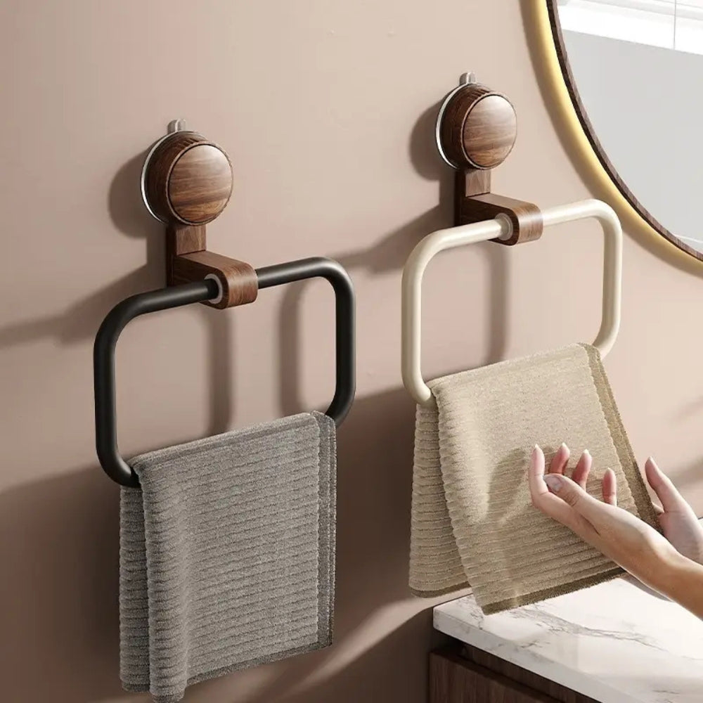 Removable Suction-Mount Wood & Aluminum Towel Rack