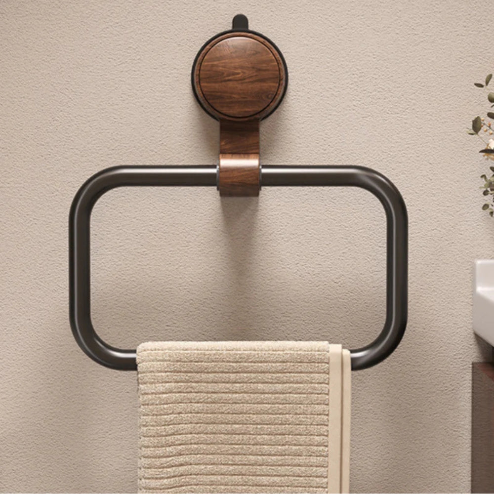 Removable Suction-Mount Wood & Aluminum Towel Rack