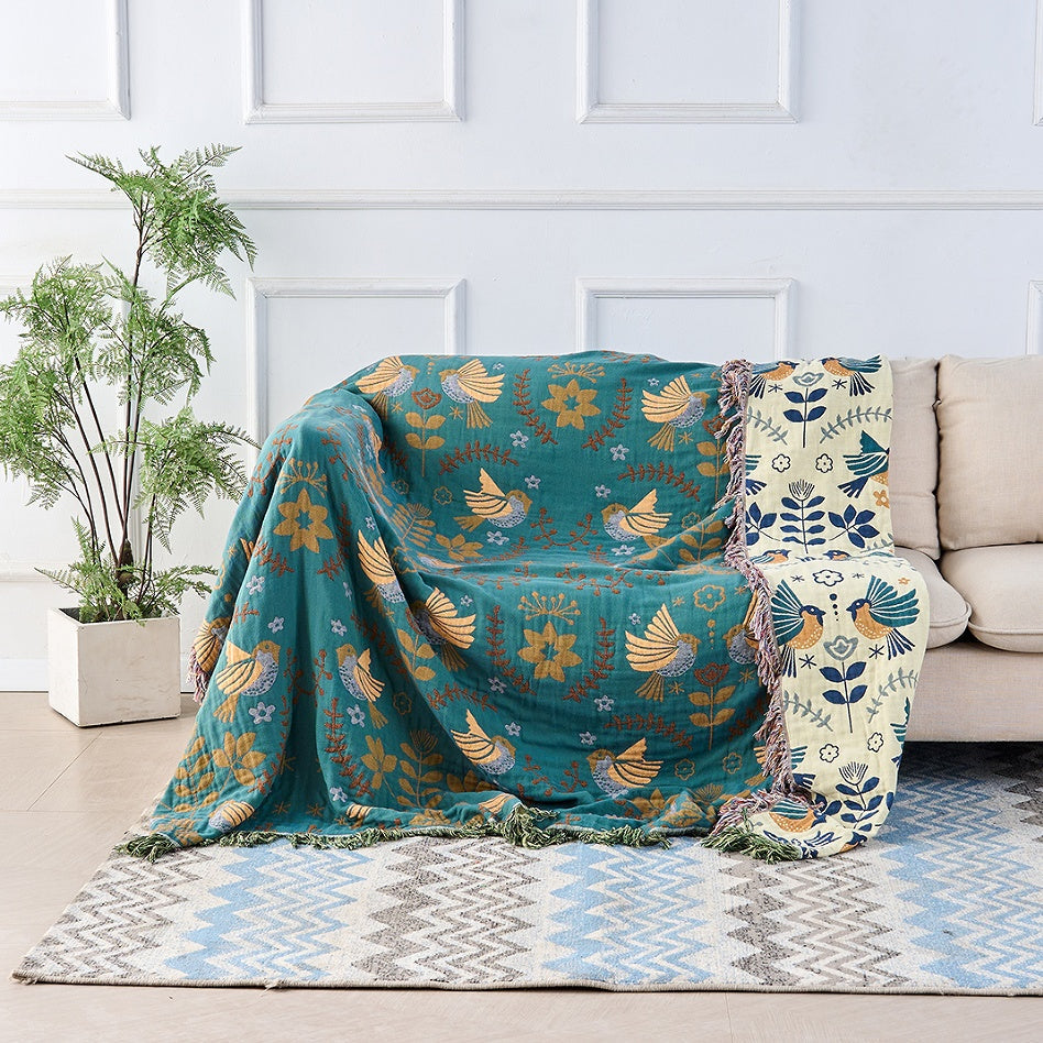 Reversible 100% Cotton Scandinavian Bird Throw Blanket