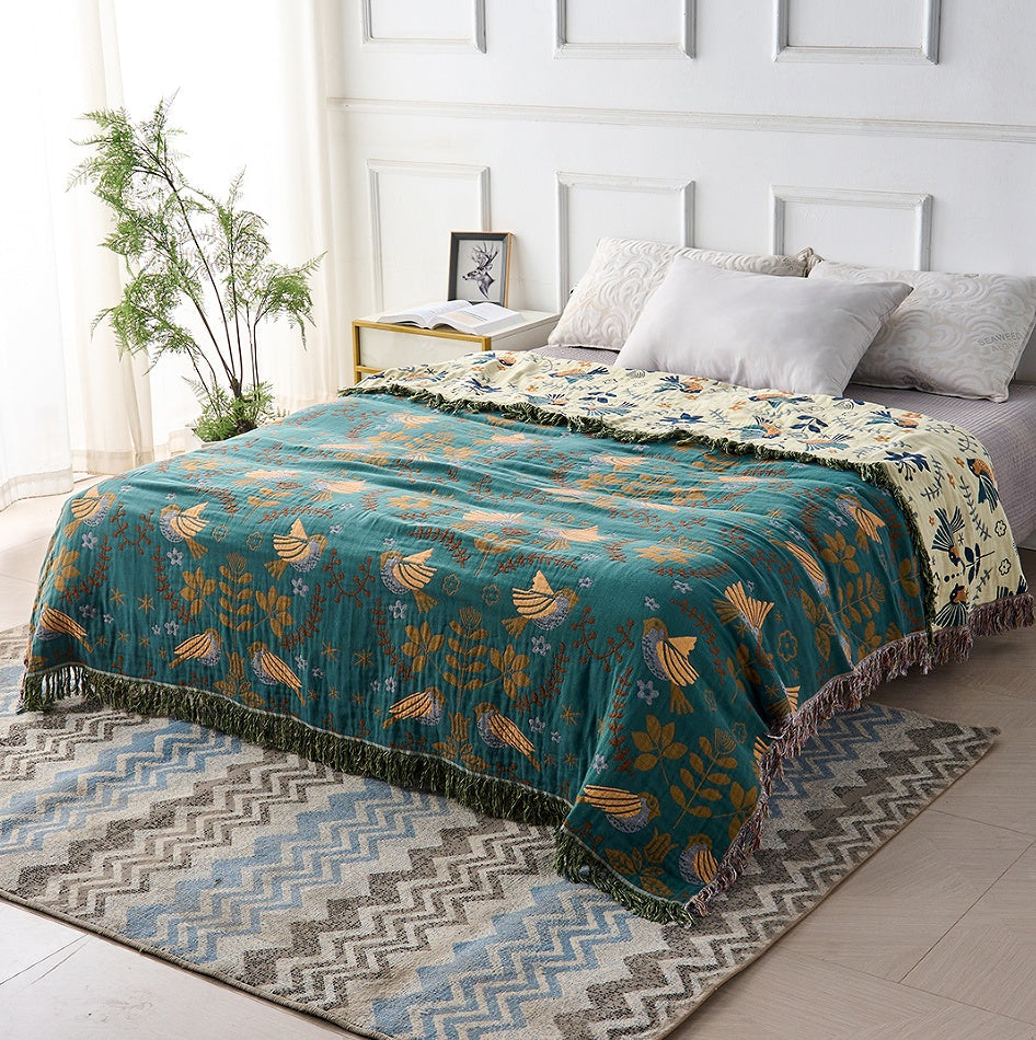 Reversible 100% Cotton Scandinavian Bird Throw Blanket