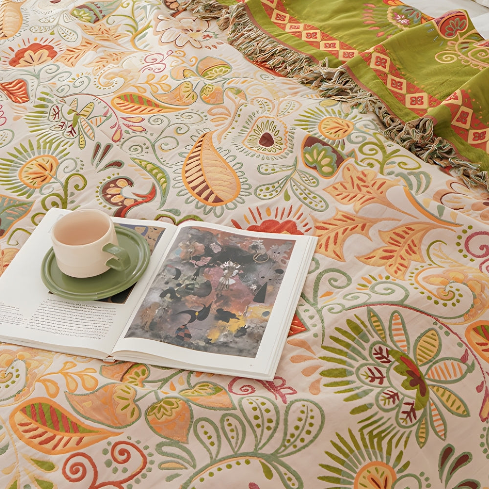 Reversible Boho Floral Cotton Gauze Throw Blanket (Machine Washable)