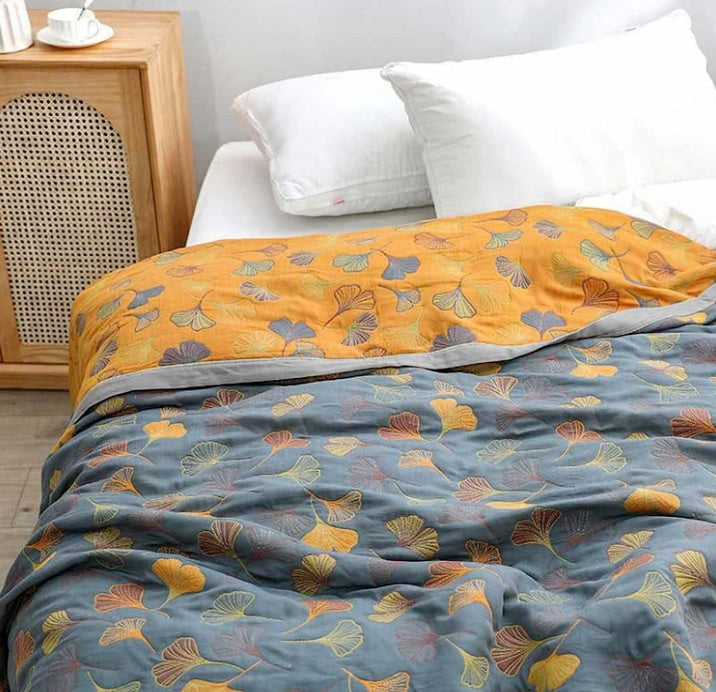 Reversible Cotton Ginkgo Leaf Throw Blanket (Machine Washable)