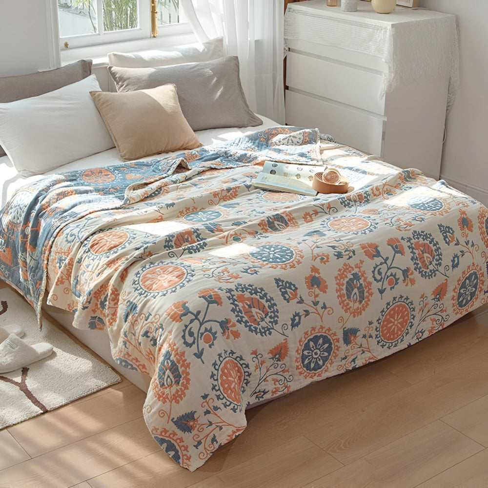 Reversible Rustic Floral 100% Organic Cotton Throw Blanket