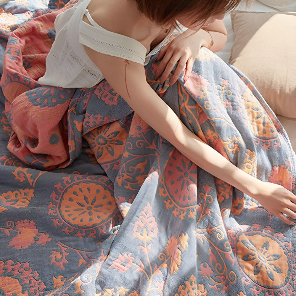 Reversible Rustic Floral 100% Organic Cotton Throw Blanket