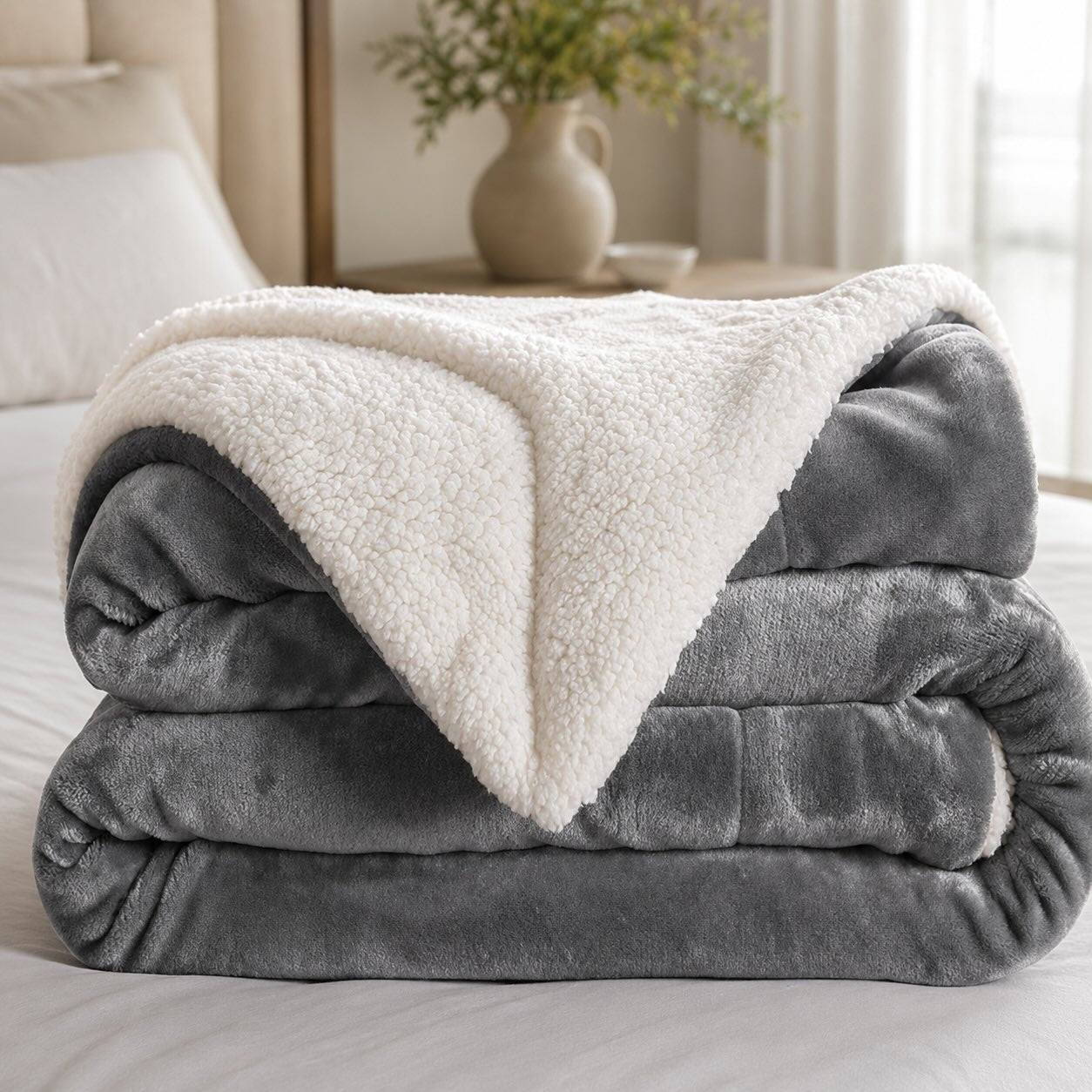 Reversible Sherpa Fleece Throw Blanket