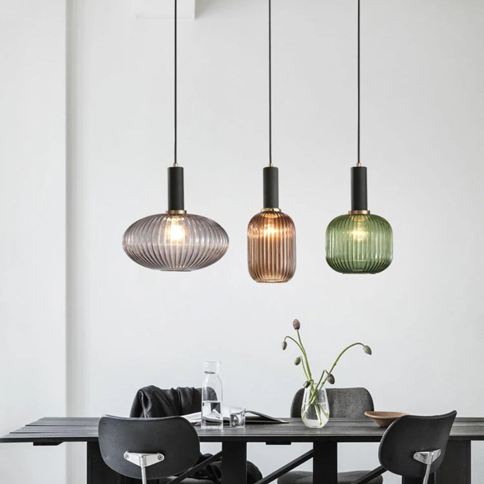 Ribbed Amber Glass Brass Finish Pendant Light (1.5m Adjustable Cord)