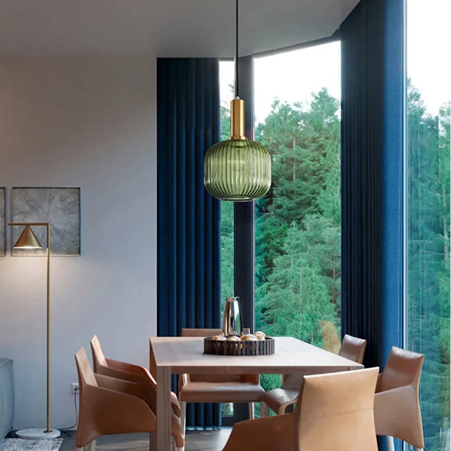 Ribbed Amber Glass Brass Finish Pendant Light (1.5m Adjustable Cord)
