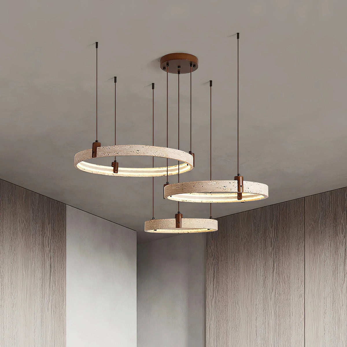 Ring Chandelier Travertine Stone & Walnut Integrated Dimmable LED