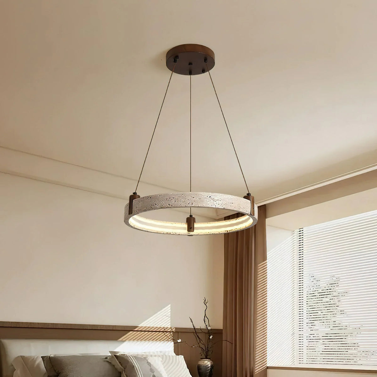 Ring Chandelier Travertine Stone & Walnut Integrated Dimmable LED