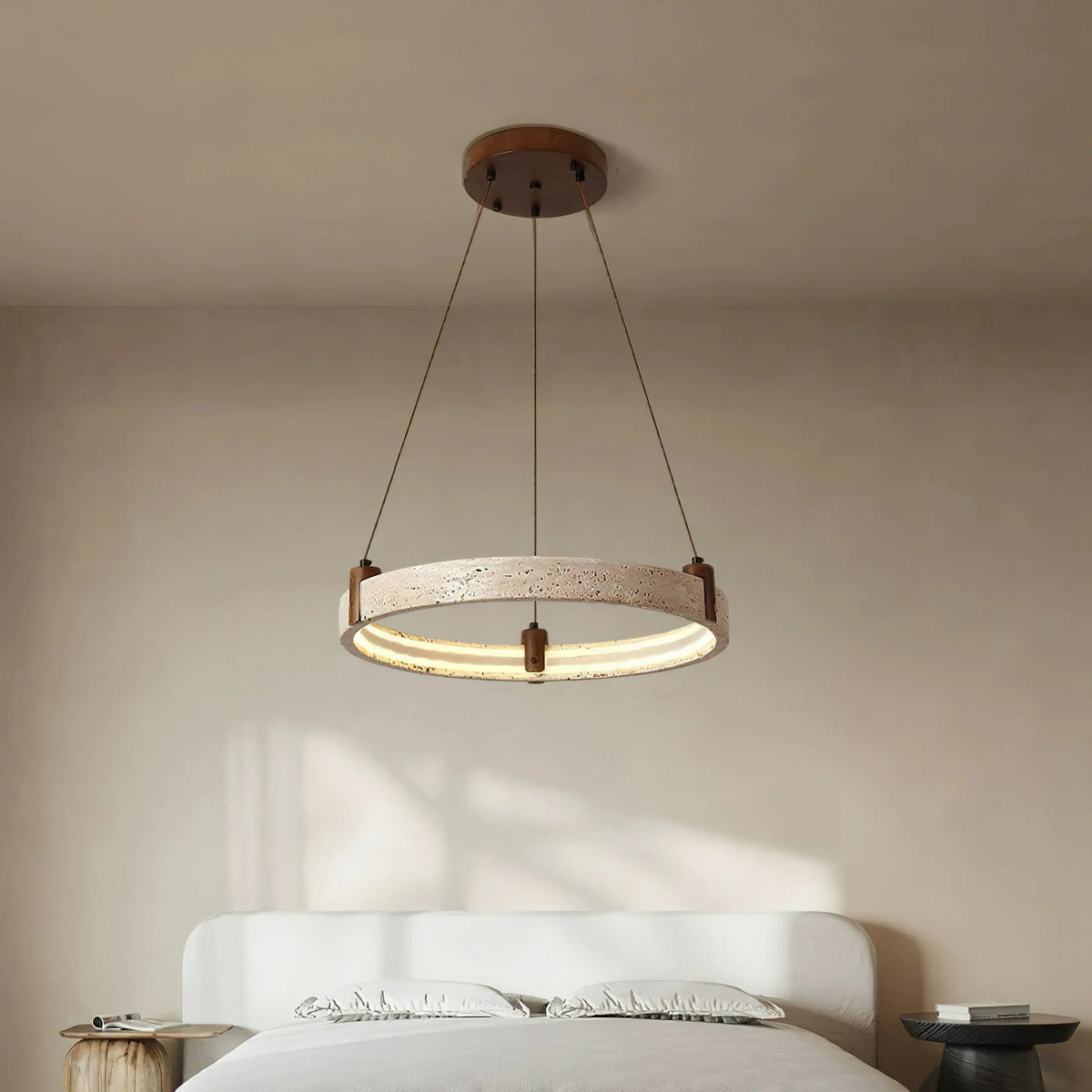 Ring Chandelier Travertine Stone & Walnut Integrated Dimmable LED