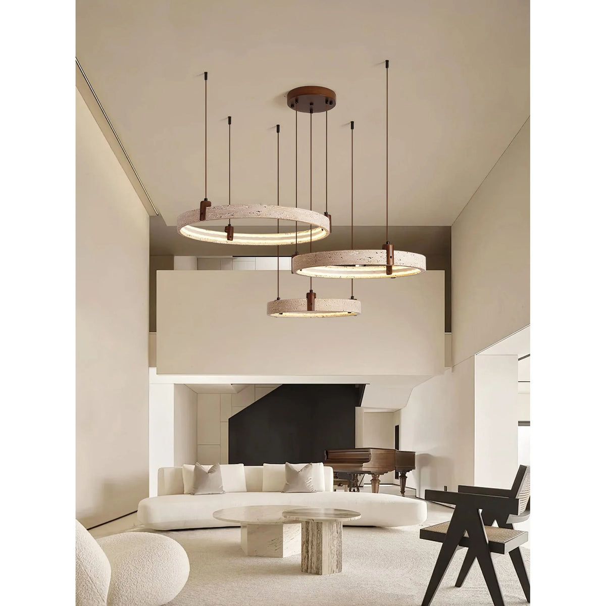Ring Chandelier Travertine Stone & Walnut Integrated Dimmable LED