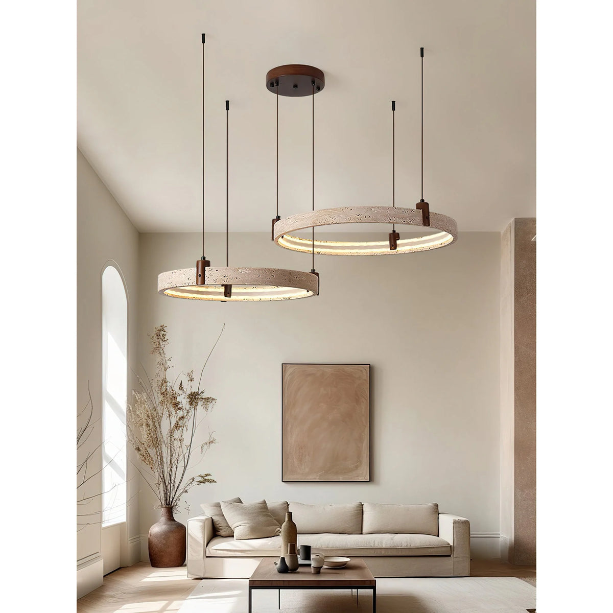 Ring Chandelier Travertine Stone & Walnut Integrated Dimmable LED