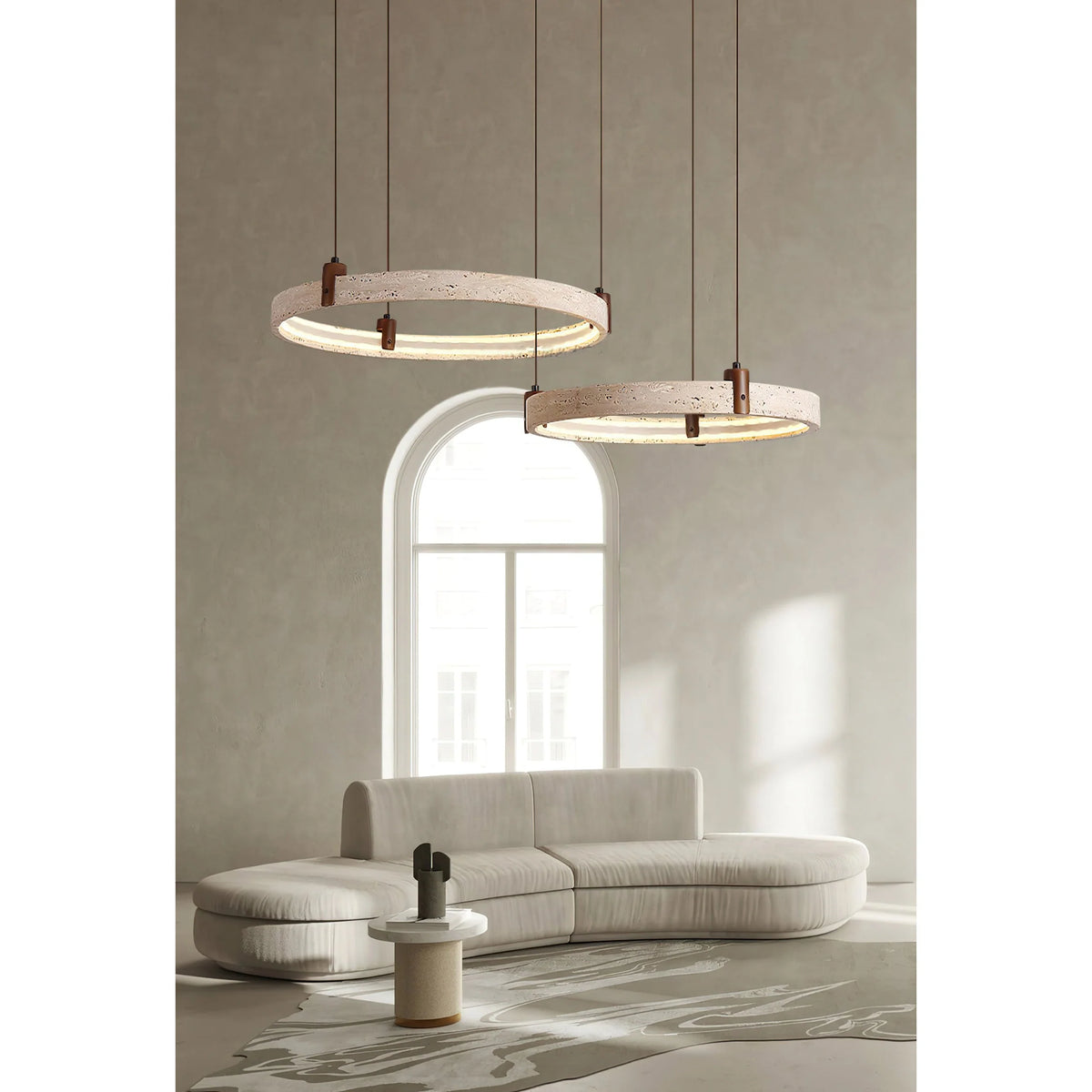 Ring Chandelier Travertine Stone & Walnut Integrated Dimmable LED