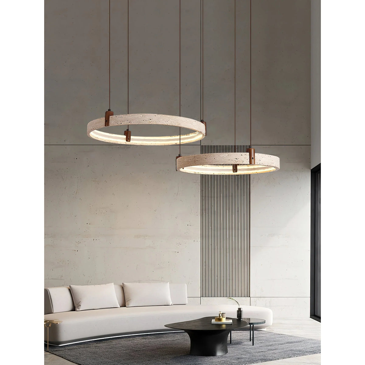 Ring Chandelier Travertine Stone & Walnut Integrated Dimmable LED