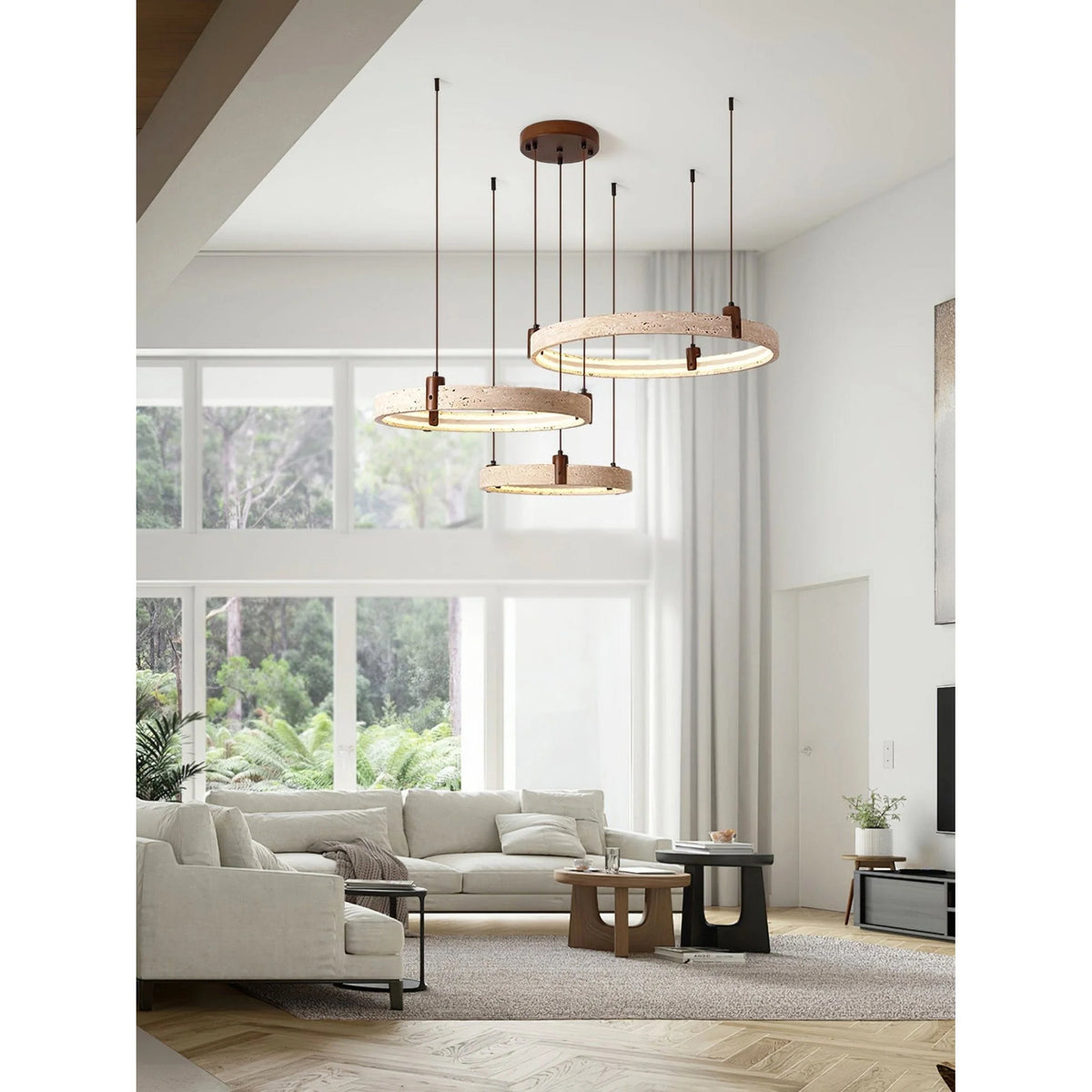 Ring Chandelier Travertine Stone & Walnut Integrated Dimmable LED