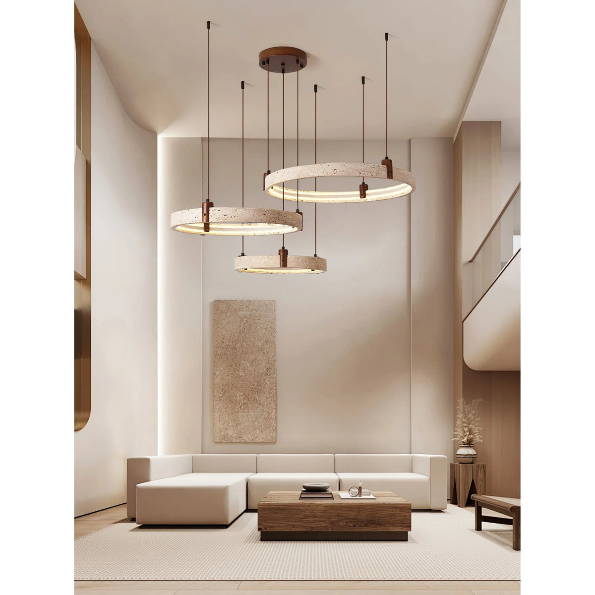 Ring Chandelier Travertine Stone & Walnut Integrated Dimmable LED