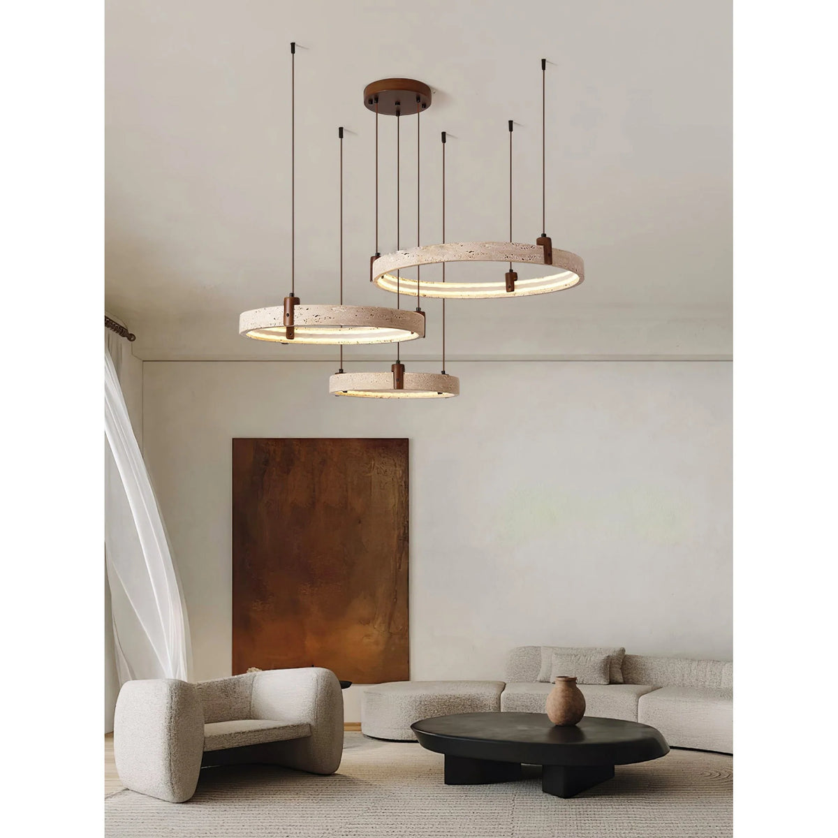 Ring Chandelier Travertine Stone & Walnut Integrated Dimmable LED