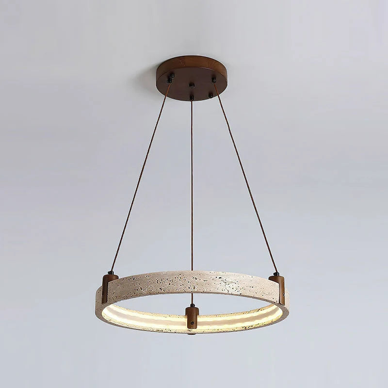 Ring Chandelier Travertine Stone & Walnut Integrated Dimmable LED