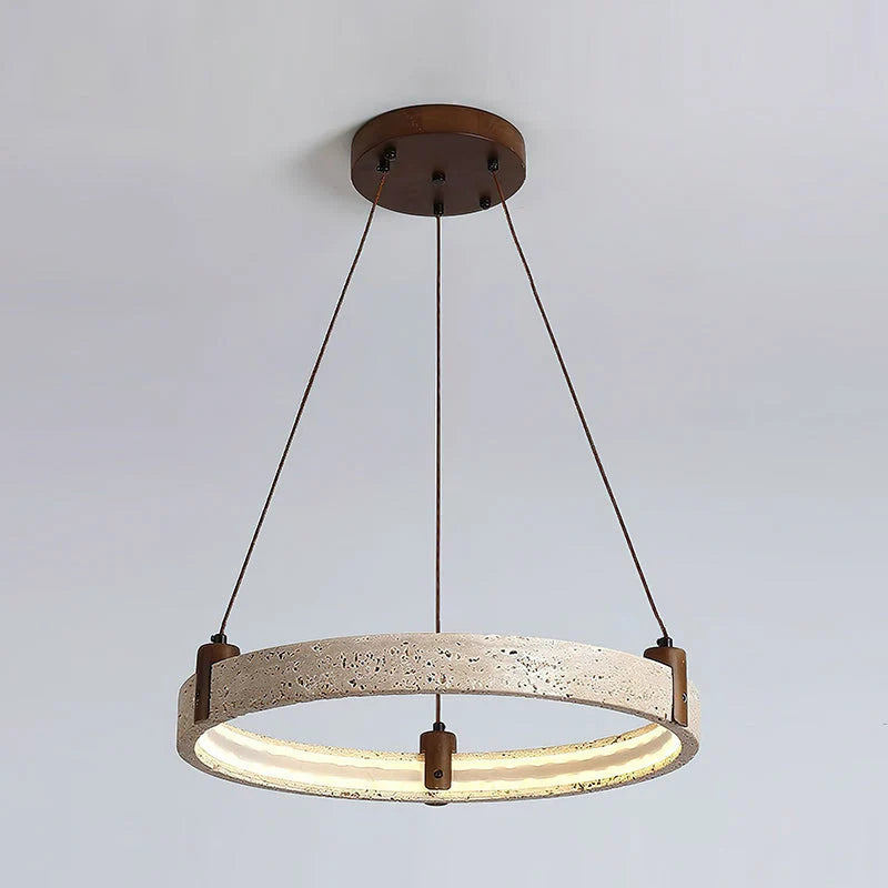 Ring Chandelier Travertine Stone & Walnut Integrated Dimmable LED