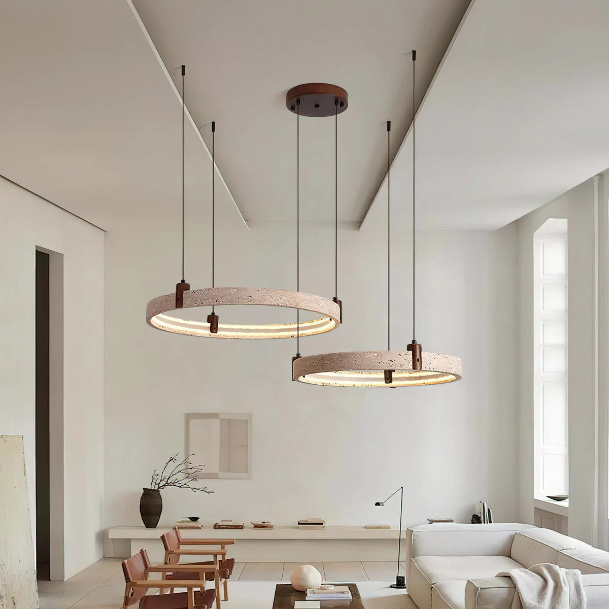 Ring Chandelier Travertine Stone & Walnut Integrated Dimmable LED