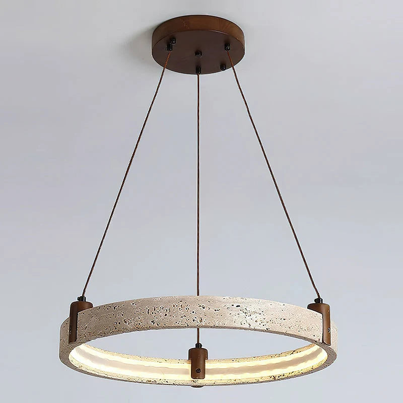 Ring Chandelier Travertine Stone & Walnut Integrated Dimmable LED